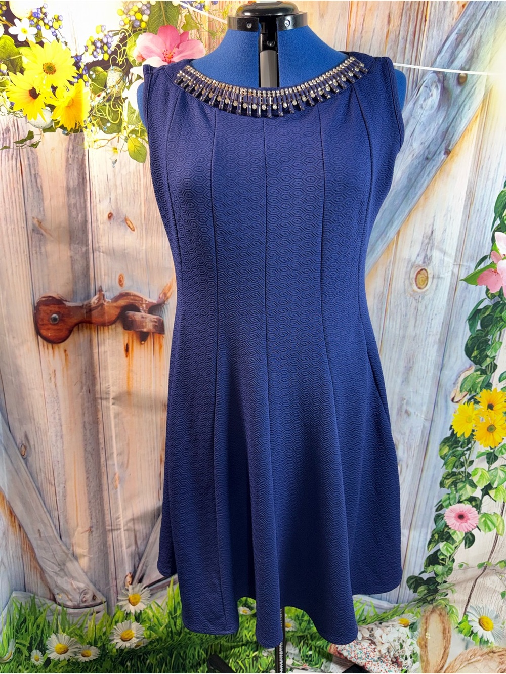 859-Haani Navy Embellished Neck Fit & Flare Mini Dress